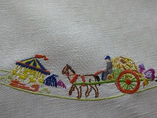 VINTAGE HAND EMBROIDERED LINEN TABLECLOTH - FLOWER CIRCLE OF VILLAGERS 4
