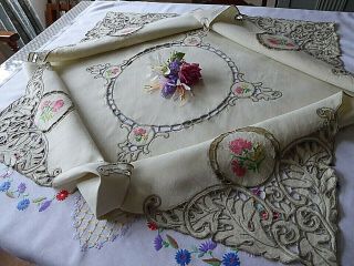 Vintage Hand Embroidered Tablecloth/ Lovely Pink Flowers And Openwork - Stunning