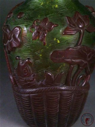 Fine Old Chinese Peking Glass Made Bottle Vase Pot Statue mandarin ducks,  lotus 6
