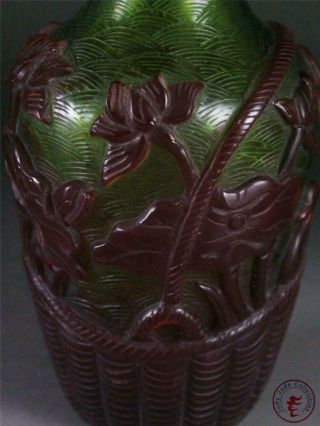 Fine Old Chinese Peking Glass Made Bottle Vase Pot Statue mandarin ducks,  lotus 7