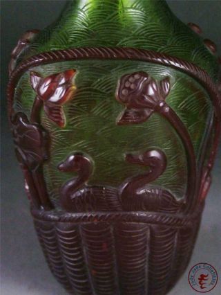 Fine Old Chinese Peking Glass Made Bottle Vase Pot Statue mandarin ducks,  lotus 8