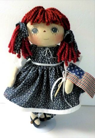 Primitive Raggedy Ann Doll Americana " Emily Ann " With Handmade Flag