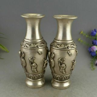 China White Copper Silver Deer Kid OldMan Aquarius Bottle pot Vase Bronze Statue 5