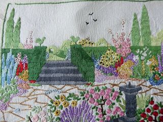 Vintage Hand Embroidered Picture Panel - Stunning Flower Gardens - Work