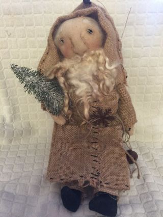 Primitive Santa Doll W/ Burlap Coat & Tree Folk Art Christmas Winter 15.  5”