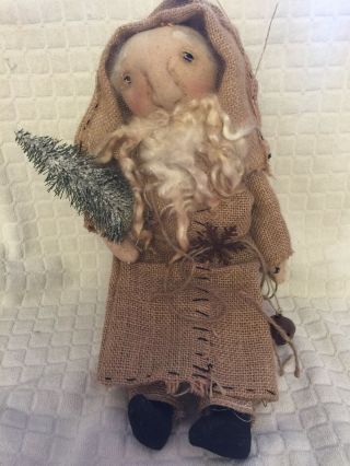 Primitive Santa Doll W/ Burlap Coat & Tree Folk Art Christmas Winter 15.  5” 2