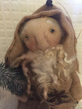 Primitive Santa Doll W/ Burlap Coat & Tree Folk Art Christmas Winter 15.  5” 3