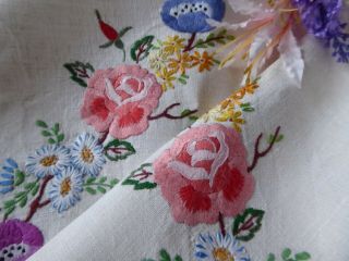 Vintage Embroidered Quality Tablecloth=pink Trailing Roses & Assorted Flowers
