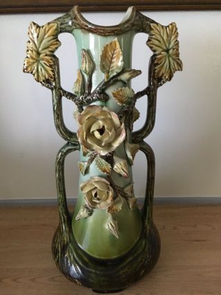 Antique Victorian Barbotine Majlica Applied Flower Large Handled Vase