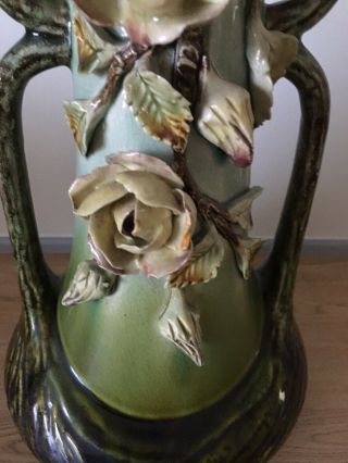 Antique Victorian Barbotine Majlica Applied Flower Large Handled Vase 3