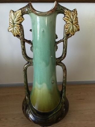 Antique Victorian Barbotine Majlica Applied Flower Large Handled Vase 6