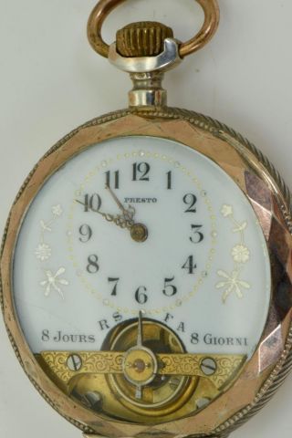 Rare antique silver Presto/Hebdomas 8 days pocket watch c1900.  Visible balance. 2