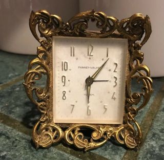 Vintage Phinney Walker Alarm Clock Germany Gold Tone Square Ornate Not