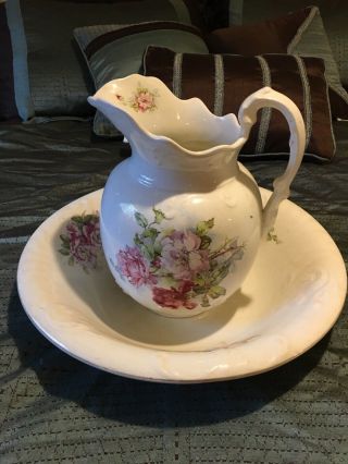 Vintage Large Porcelain Pitcher And Wash Basin Bowl Set,  Ivory Floral Design