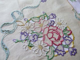 Vintage Hand Embroidered - Open Cut Work Irish Linen Tablecloth - Floral 