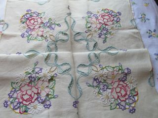 Vintage Hand Embroidered - Open Cut Work Irish Linen Tablecloth - FLORAL ' S & BOWS 2