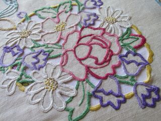 Vintage Hand Embroidered - Open Cut Work Irish Linen Tablecloth - FLORAL ' S & BOWS 3