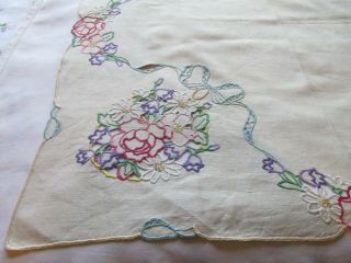 Vintage Hand Embroidered - Open Cut Work Irish Linen Tablecloth - FLORAL ' S & BOWS 5