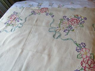 Vintage Hand Embroidered - Open Cut Work Irish Linen Tablecloth - FLORAL ' S & BOWS 6