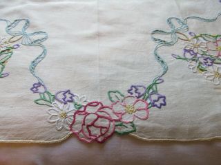 Vintage Hand Embroidered - Open Cut Work Irish Linen Tablecloth - FLORAL ' S & BOWS 7