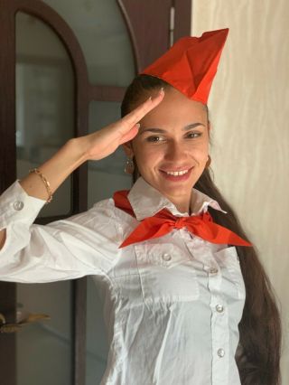Russian Soviet Young Pioneer Uniform Shirt,  Tie,  Red Pilotka Cap USSR 3