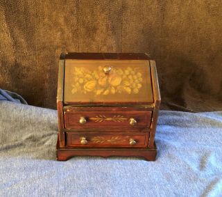 Antique Miniature Slant Front Wood Desk Stamp Box Jewlery Box Doll House
