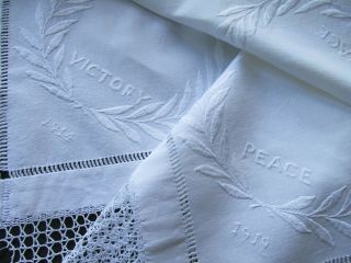 Antique World War 1 Hand Embroidered/Crochet Lace Tablecloth - PEACE & VICTORY 2