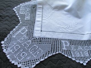 Antique World War 1 Hand Embroidered/Crochet Lace Tablecloth - PEACE & VICTORY 4