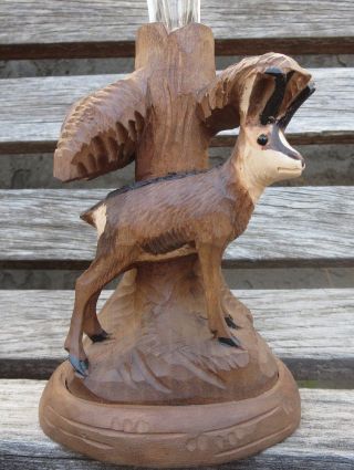 Antique Black Forest Carving Vase Chamois Goat Pine Tree Trunk Brienz C1910