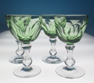 4 Antique Green & Clear Cut Air Trap Stem Wine Glasses Abp Val St Lambert Glass