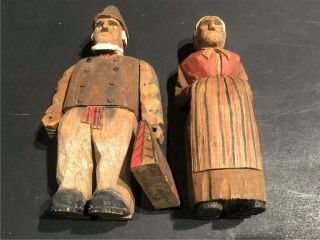 Antique 19th Century Swiss Carved Wood Man And Woman Couple Figurines