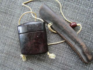 Antique Japanese Inro With Leather Kisera Holder Very Rare And Collectable