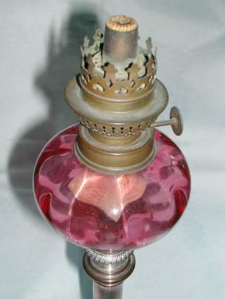 Antique Kosmos Cranberry Glass Piano Lamp Complete With Burner And Wick