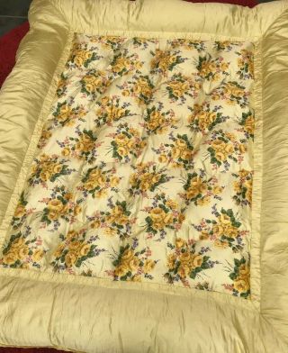 Vintage Retro Yellow Rose Satin Feather Eiderdown Bed Spread Cover