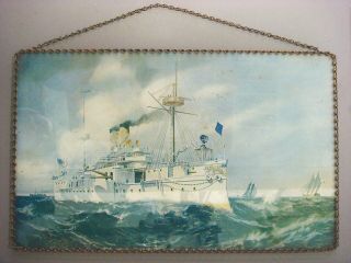 Uss Maine Reverse Painted On Glass With Chain Like Frame