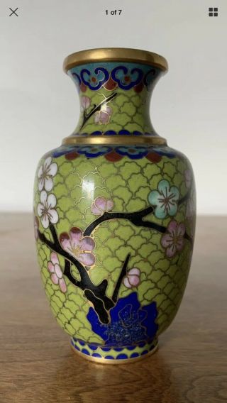 Chinese Antique Cloisonné Vase.  Cherry Blossoms Tree With Green Background.  4’’