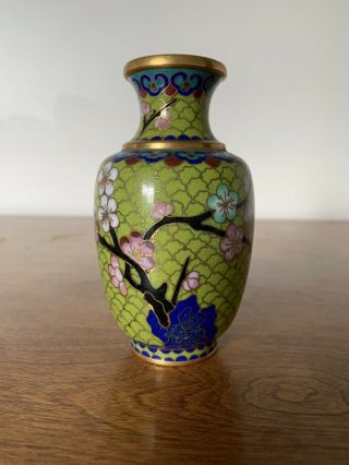 Chinese Antique Cloisonné Vase.  Cherry Blossoms Tree With Green Background.  4’’ 2