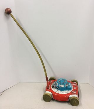 Vintage J.  Chein Tin Toy Lithograph Rotor Mower Push Child 