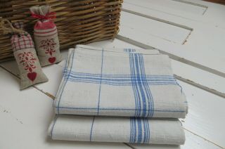 2 (two) Hand Woven Linen Towels Toppers Runners Blue Stripes