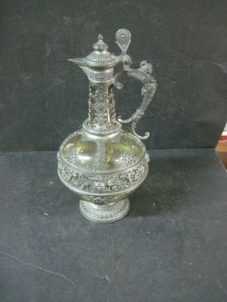 Vintage German Pewter And Glass Ornate Wine Decanter - Mid 19th Century