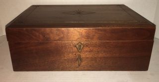 Antique Burled Walnut Sewing Box Tooled Wooden Document Coffin