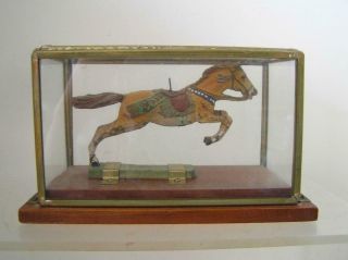 Antique Toy German Wood Composition Jumping Horse In Brass Glass Case