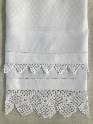 Antique Linen Damask Hand Towel,  Crochet Edging,  Hem - Stitching,  36 X 20 "