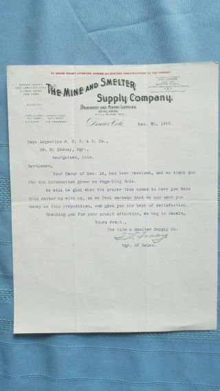 1902 Mine & Smelter Supply Company Letterhead - Georgetown Colorado Mining