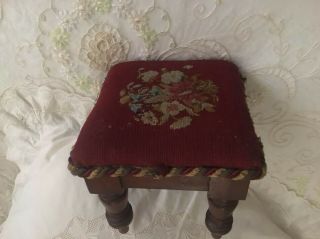 Antique Victorian Small Wooden Footstool With Needle Point Top