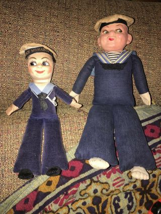 2 Vintage Us Navy Sailor Doll Composition & Painted Cloth Dolls 1930’s