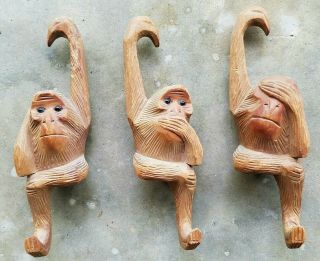 1920 - 30s Folk Art Carved Hanging Glass Eyed Monkeys