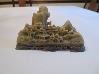 Antique Vintage Hand Carved Chinese Soapstone or Jade Mountain Village Statue 7