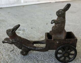 Antique Cast Iron Toy Rabbit Being Pulled By A Rabbit In A Cart Wheels Work