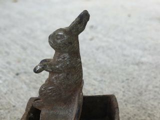 ANTIQUE CAST IRON TOY Rabbit Being Pulled By A Rabbit In A Cart Wheels Work 2